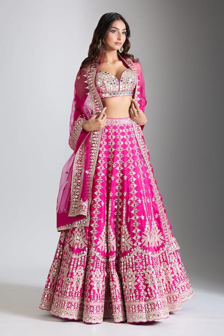 Buy Gopi Vaid Pink Tussar, Organza Mirrors, Embroidery Sweetheart Neck Bloom Lehenga Set Online at Aza Fashions Buy_Gopi Vaid_Pink Tussar, Organza Mirrors, Embroidery Sweetheart Neck Bloom Lehenga Set _Online_at_Aza_Fashions