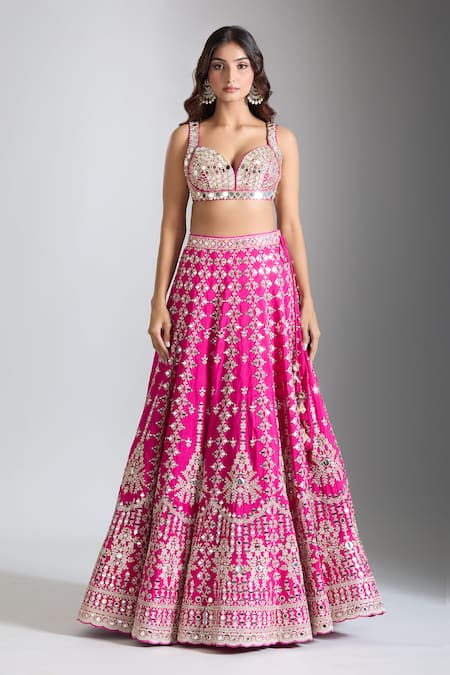 Shop Gopi Vaid Pink Tussar, Organza Mirrors, Embroidery Sweetheart Neck Bloom Lehenga Set Online at Aza Fashions Shop_Gopi Vaid_Pink Tussar, Organza Mirrors, Embroidery Sweetheart Neck Bloom Lehenga Set _Online_at_Aza_Fashions