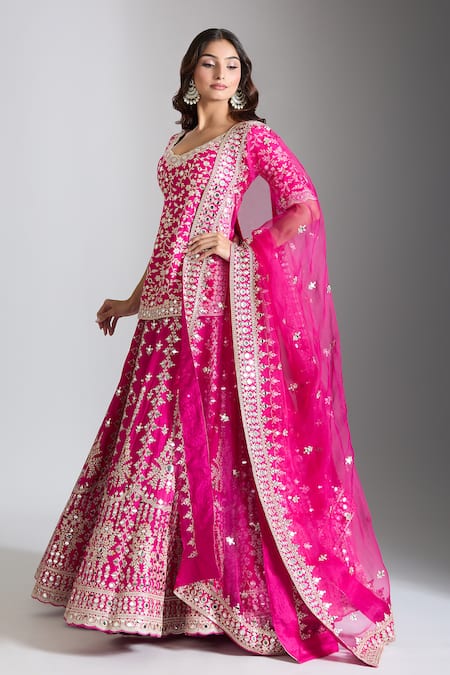 Buy Gopi Vaid Pink Cotton, Tussar, Organza Mirrors, Embroidery Blossom Kurta Lehenga Set Online at Aza Fashions Buy_Gopi Vaid_Pink Cotton, Tussar, Organza Mirrors, Embroidery Blossom Kurta Lehenga Set _Online_at_Aza_Fashions