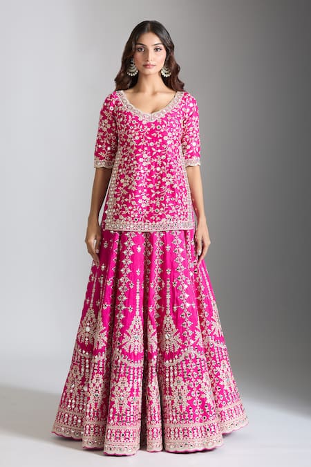 Shop Gopi Vaid Pink Cotton, Tussar, Organza Mirrors, Embroidery Blossom Kurta Lehenga Set Online at Aza Fashions Shop_Gopi Vaid_Pink Cotton, Tussar, Organza Mirrors, Embroidery Blossom Kurta Lehenga Set _Online_at_Aza_Fashions