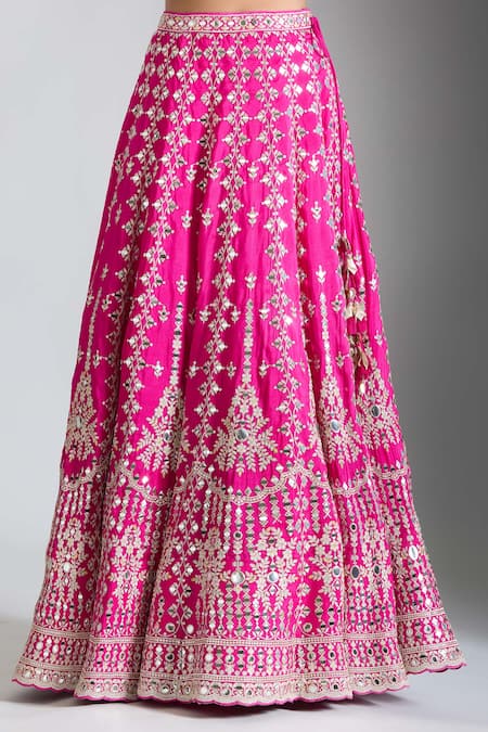 Gopi Vaid Pink Cotton, Tussar, Organza Mirrors, Embroidery Blossom Kurta Lehenga Set at Aza Fashions Gopi Vaid_Pink Cotton, Tussar, Organza Mirrors, Embroidery Blossom Kurta Lehenga Set _at_Aza_Fashions