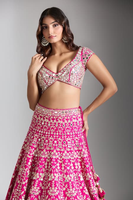 Gopi Vaid_Pink Tussar, Jersey, Organza Mirrors, Embroidery V-neck Rani Lehenga Set _Online_at_Aza_Fashions