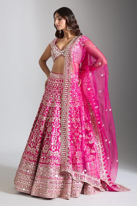 Buy_Gopi Vaid_Pink Tussar, Jersey, Organza Mirrors, Embroidery V-neck Rani Lehenga Set _Online_at_Aza_Fashions