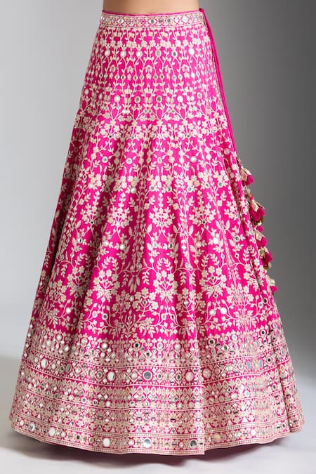 Shop_Gopi Vaid_Pink Tussar, Jersey, Organza Mirrors, Embroidery V-neck Rani Lehenga Set _Online_at_Aza_Fashions