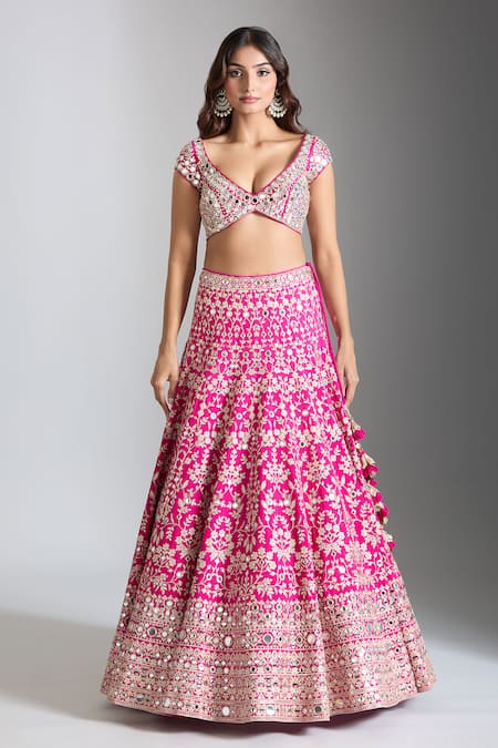 Gopi Vaid_Pink Tussar, Jersey, Organza Mirrors, Embroidery V-neck Rani Lehenga Set _at_Aza_Fashions