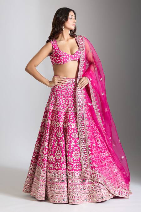 Buy_Gopi Vaid_Pink Jacquard, Organza, Chanderi Mirrors, Embroidery Gulbahar Lehenga Set _Online_at_Aza_Fashions
