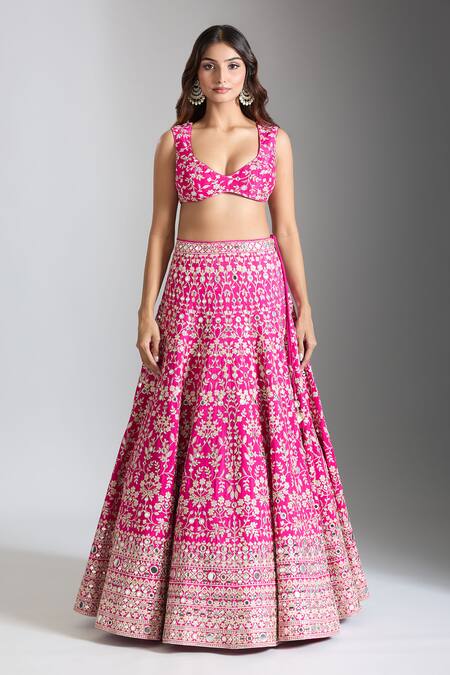 Shop_Gopi Vaid_Pink Jacquard, Organza, Chanderi Mirrors, Embroidery Gulbahar Lehenga Set _Online_at_Aza_Fashions