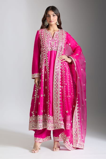 Gopi Vaid Pink Organza, Tussar Mirrors, Embroidery Gulbahar Anarkali Set at Aza Fashions Gopi Vaid_Pink Organza, Tussar Mirrors, Embroidery Gulbahar Anarkali Set _at_Aza_Fashions