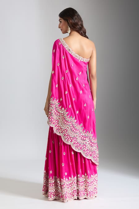 Gopi Vaid Mirror Embroidered One Shoulder Kurta & Sharara 