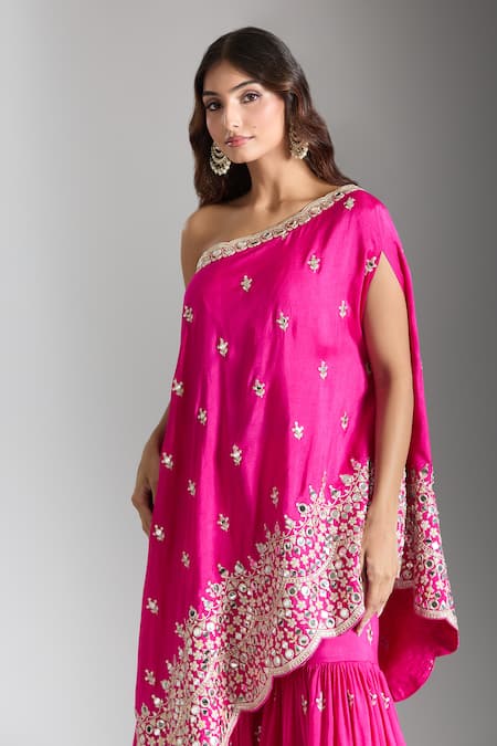 Gopi Vaid_Pink Tussar, Chanderi Mirrors, Embroidery One Shoulder Kurta And Sharara _Online_at_Aza_Fashions