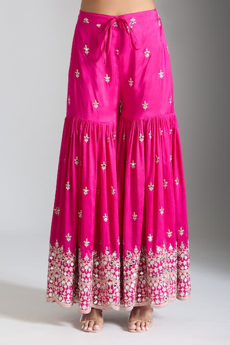 Buy_Gopi Vaid_Pink Tussar, Chanderi Mirrors, Embroidery One Shoulder Kurta And Sharara _Online_at_Aza_Fashions