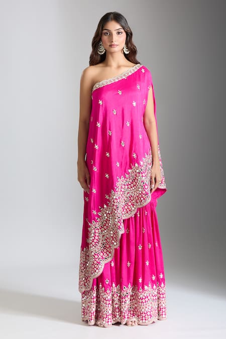 Shop_Gopi Vaid_Pink Tussar, Chanderi Mirrors, Embroidery One Shoulder Kurta And Sharara _Online_at_Aza_Fashions