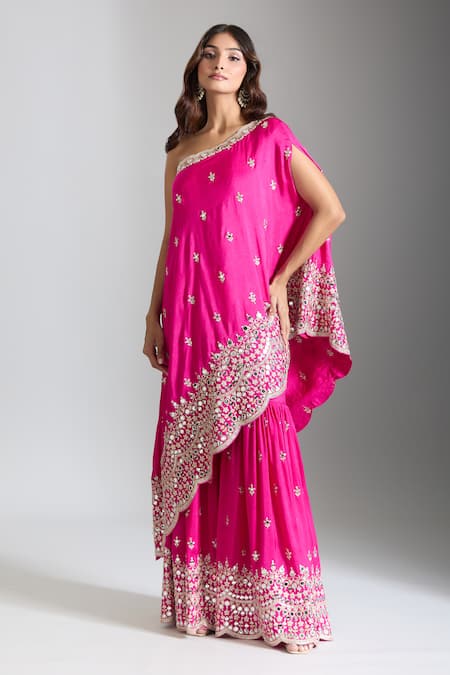 Gopi Vaid_Pink Tussar, Chanderi Mirrors, Embroidery One Shoulder Kurta And Sharara _at_Aza_Fashions
