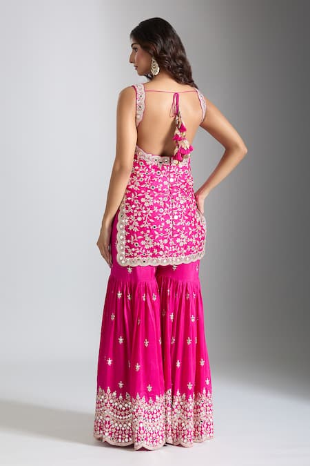 Gopi Vaid Pink Tussar, Georgette, Net Mirrors, Embroidery Scoop Neck Kurta Sharara Set Online at Aza Fashions Gopi Vaid_Pink Tussar, Georgette, Net Mirrors, Embroidery Scoop Neck Kurta Sharara Set _Online_at_Aza_Fashions