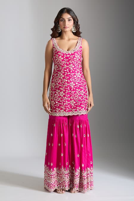 Buy Gopi Vaid Pink Tussar, Georgette, Net Mirrors, Embroidery Scoop Neck Kurta Sharara Set Online at Aza Fashions Buy_Gopi Vaid_Pink Tussar, Georgette, Net Mirrors, Embroidery Scoop Neck Kurta Sharara Set _Online_at_Aza_Fashions
