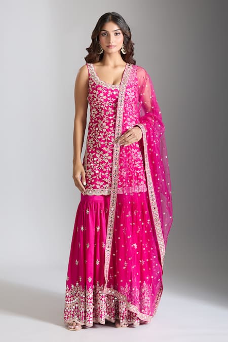 Shop Gopi Vaid Pink Tussar, Georgette, Net Mirrors, Embroidery Scoop Neck Kurta Sharara Set Online at Aza Fashions Shop_Gopi Vaid_Pink Tussar, Georgette, Net Mirrors, Embroidery Scoop Neck Kurta Sharara Set _Online_at_Aza_Fashions