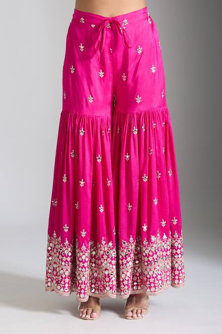 Gopi Vaid Pink Tussar, Georgette, Net Mirrors, Embroidery Scoop Neck Kurta Sharara Set at Aza Fashions Gopi Vaid_Pink Tussar, Georgette, Net Mirrors, Embroidery Scoop Neck Kurta Sharara Set _at_Aza_Fashions