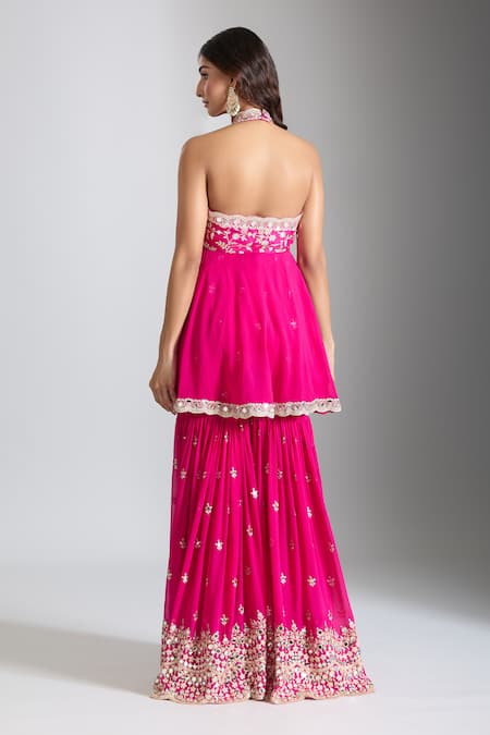 Gopi Vaid Pink Tussar, Georgette, Net Gota Patti, Mirrors, Blossom Kurta Sharara Set Online at Aza Fashions Gopi Vaid_Pink Tussar, Georgette, Net Gota Patti, Mirrors, Blossom Kurta Sharara Set _Online_at_Aza_Fashions