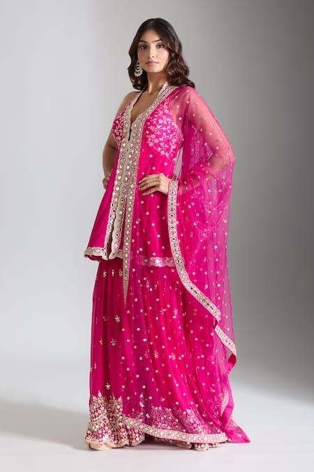 Buy Gopi Vaid Pink Tussar, Georgette, Net Gota Patti, Mirrors, Blossom Kurta Sharara Set Online at Aza Fashions Buy_Gopi Vaid_Pink Tussar, Georgette, Net Gota Patti, Mirrors, Blossom Kurta Sharara Set _Online_at_Aza_Fashions