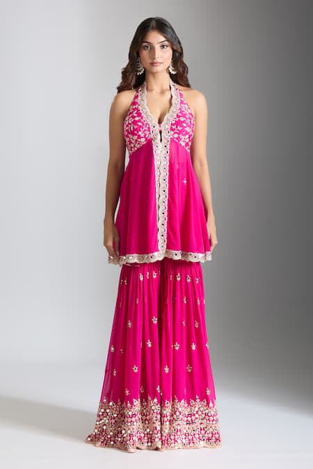 Shop Gopi Vaid Pink Tussar, Georgette, Net Gota Patti, Mirrors, Blossom Kurta Sharara Set Online at Aza Fashions Shop_Gopi Vaid_Pink Tussar, Georgette, Net Gota Patti, Mirrors, Blossom Kurta Sharara Set _Online_at_Aza_Fashions