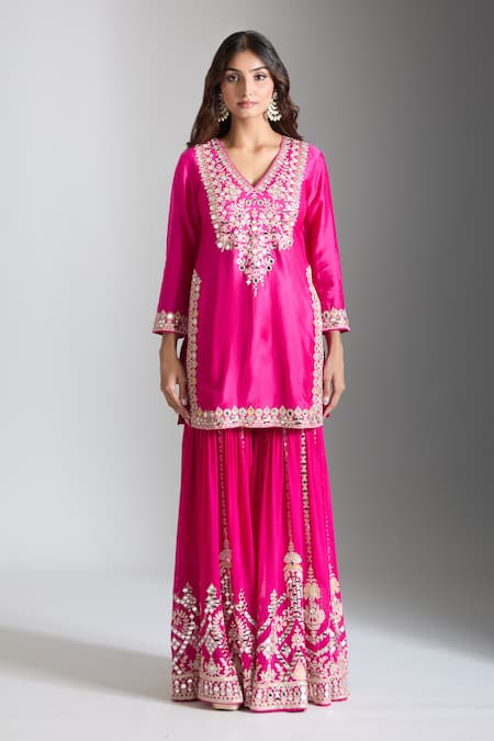 Buy_Gopi Vaid_Pink Tussar, Georgette, Net Gota Patti, Mirrors, Embroidery, Kurta Sharara Set _Online_at_Aza_Fashions