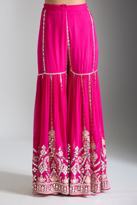Shop_Gopi Vaid_Pink Tussar, Georgette, Net Gota Patti, Mirrors, Embroidery, Kurta Sharara Set _Online_at_Aza_Fashions