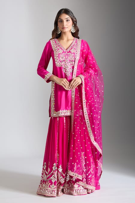 Gopi Vaid_Pink Tussar, Georgette, Net Gota Patti, Mirrors, Embroidery, Kurta Sharara Set _at_Aza_Fashions