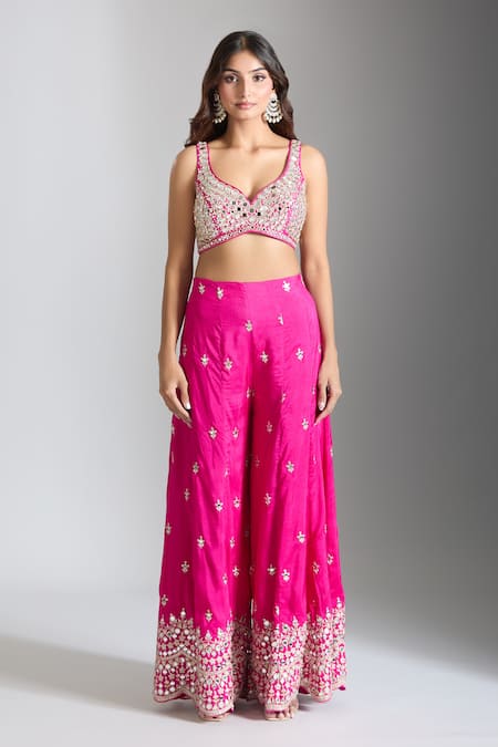Gopi Vaid_Pink Tussar Embroidery Asymmetric Mughal Bloom Cape And Sharara Set _Online_at_Aza_Fashions