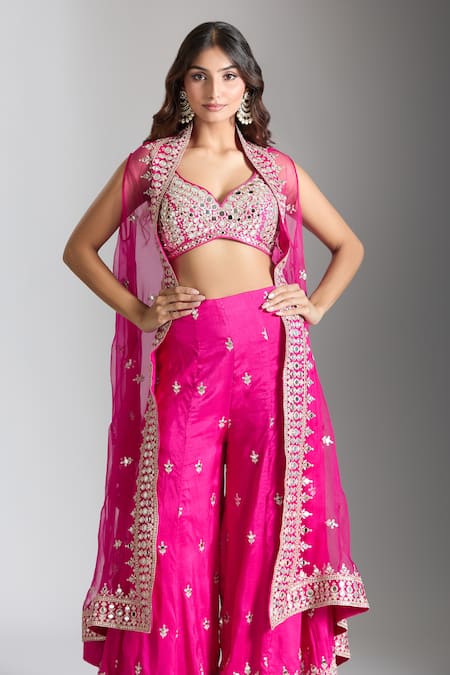 Buy_Gopi Vaid_Pink Tussar Embroidery Asymmetric Mughal Bloom Cape And Sharara Set _Online_at_Aza_Fashions