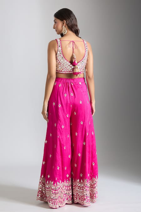 Shop_Gopi Vaid_Pink Tussar Embroidery Asymmetric Mughal Bloom Cape And Sharara Set _Online_at_Aza_Fashions