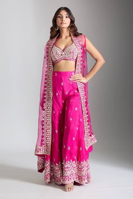 Gopi Vaid_Pink Tussar Embroidery Asymmetric Mughal Bloom Cape And Sharara Set _at_Aza_Fashions