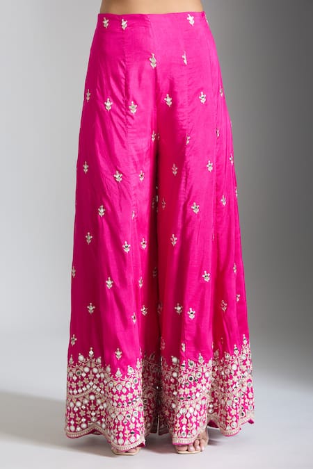 Buy_Gopi Vaid_Pink Tussar Embroidery Asymmetric Mughal Bloom Cape And Sharara Set 