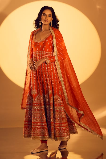 Shop_Gopi Vaid_Orange Chanderi, Lycra Zari, Embroidery Round Neck Zardozi Anarkali Set _at_Aza_Fashions