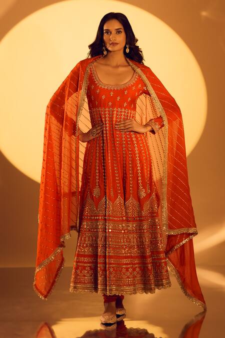 Gopi Vaid_Orange Chanderi, Lycra Zari, Embroidery Round Neck Zardozi Anarkali Set _Online_at_Aza_Fashions