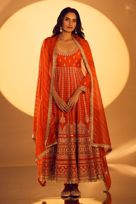 Buy_Gopi Vaid_Orange Chanderi, Lycra Zari, Embroidery Round Neck Zardozi Anarkali Set _Online_at_Aza_Fashions
