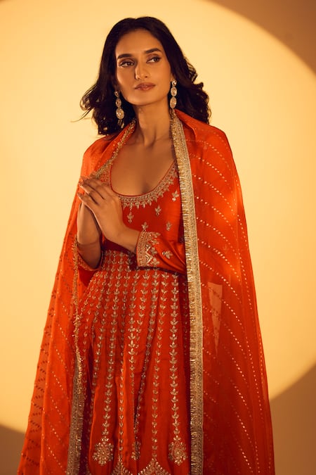Shop_Gopi Vaid_Orange Chanderi, Lycra Zari, Embroidery Round Neck Zardozi Anarkali Set _Online_at_Aza_Fashions