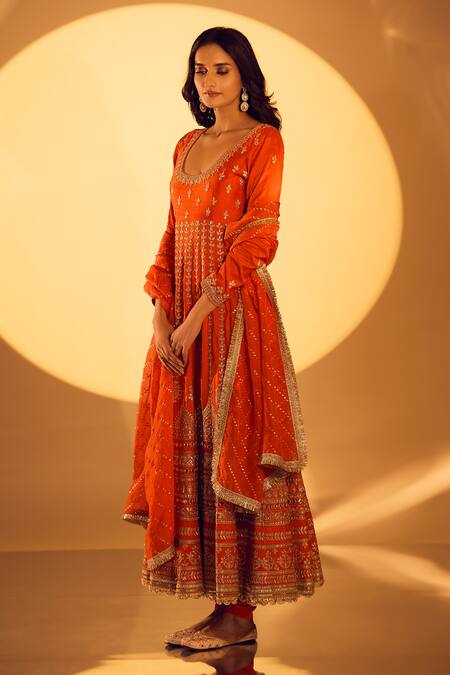 Gopi Vaid_Orange Chanderi, Lycra Zari, Embroidery Round Neck Zardozi Anarkali Set _at_Aza_Fashions