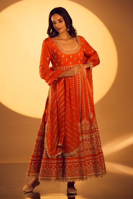 Shop_Gopi Vaid_Orange Chanderi, Lycra Zari, Embroidery Round Neck Zardozi Anarkali Set 