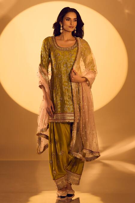 Gopi Vaid_Green Net, Tussar Embroidery, Sequins Round Neck Floral Kurta Set _Online_at_Aza_Fashions