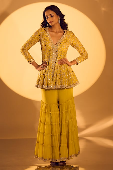 Shop_Gopi Vaid_Yellow Chiffon, Tussar Mirrors, Zari Embroidered Peplum Kurta And Sharara Set _at_Aza_Fashions