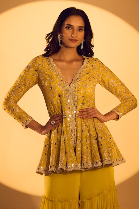 Gopi Vaid_Yellow Chiffon, Tussar Mirrors, Zari Embroidered Peplum Kurta And Sharara Set _Online_at_Aza_Fashions