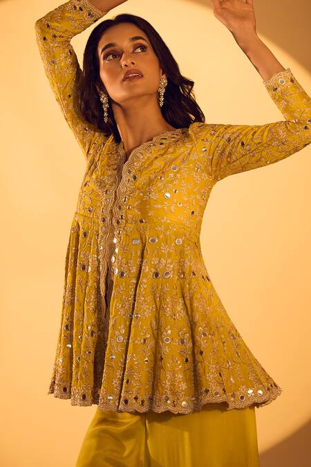 Shop_Gopi Vaid_Yellow Chiffon, Tussar Mirrors, Zari Embroidered Peplum Kurta And Sharara Set _Online_at_Aza_Fashions