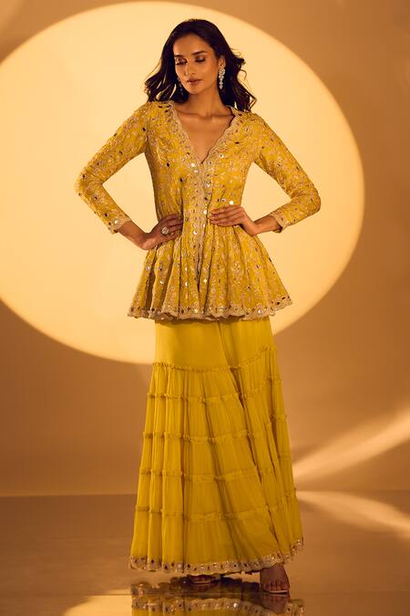 Gopi Vaid_Yellow Chiffon, Tussar Mirrors, Zari Embroidered Peplum Kurta And Sharara Set _at_Aza_Fashions