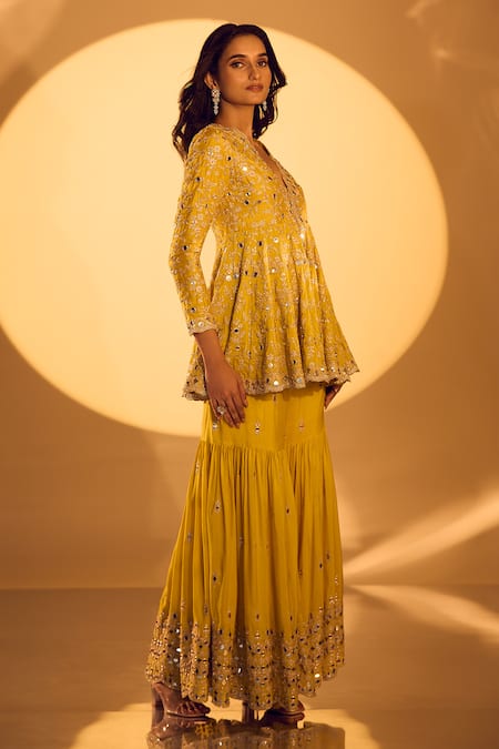 Shop_Gopi Vaid_Yellow Tussar Mirrors, Zari Scoop Neck Work Peplum Kurta And Sharara Set _at_Aza_Fashions