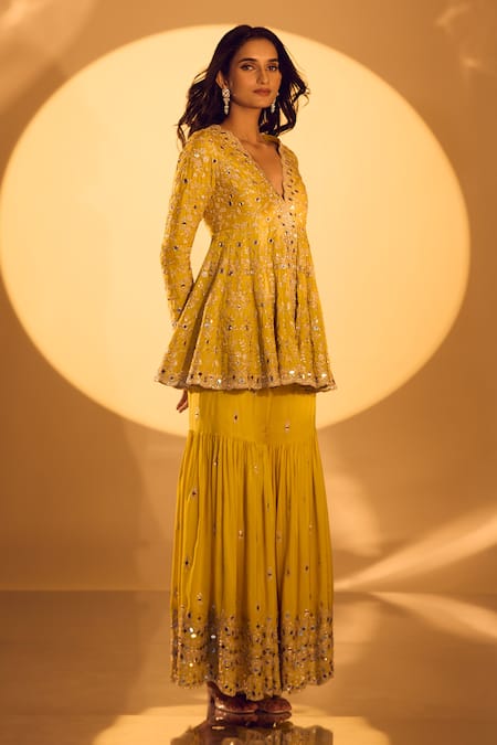 Gopi Vaid_Yellow Tussar Mirrors, Zari Scoop Neck Work Peplum Kurta And Sharara Set _Online_at_Aza_Fashions