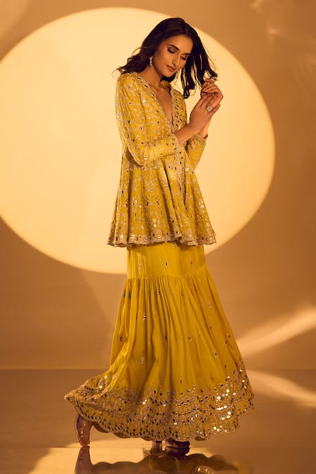 Buy_Gopi Vaid_Yellow Tussar Mirrors, Zari Scoop Neck Work Peplum Kurta And Sharara Set _Online_at_Aza_Fashions