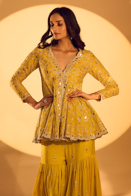 Shop_Gopi Vaid_Yellow Tussar Mirrors, Zari Scoop Neck Work Peplum Kurta And Sharara Set _Online_at_Aza_Fashions