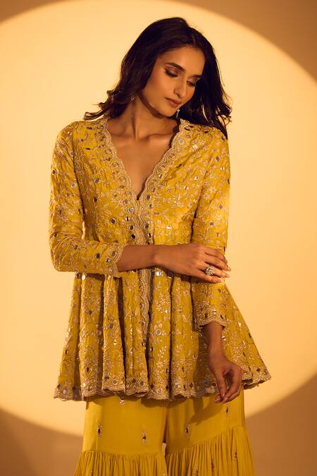 Gopi Vaid_Yellow Tussar Mirrors, Zari Scoop Neck Work Peplum Kurta And Sharara Set _at_Aza_Fashions
