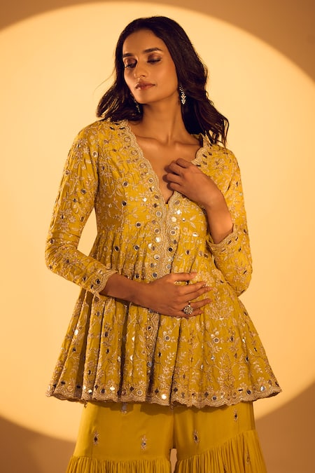 Buy_Gopi Vaid_Yellow Tussar Mirrors, Zari Scoop Neck Work Peplum Kurta And Sharara Set 