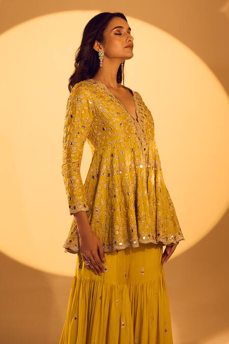 Shop_Gopi Vaid_Yellow Tussar Mirrors, Zari Scoop Neck Work Peplum Kurta And Sharara Set 